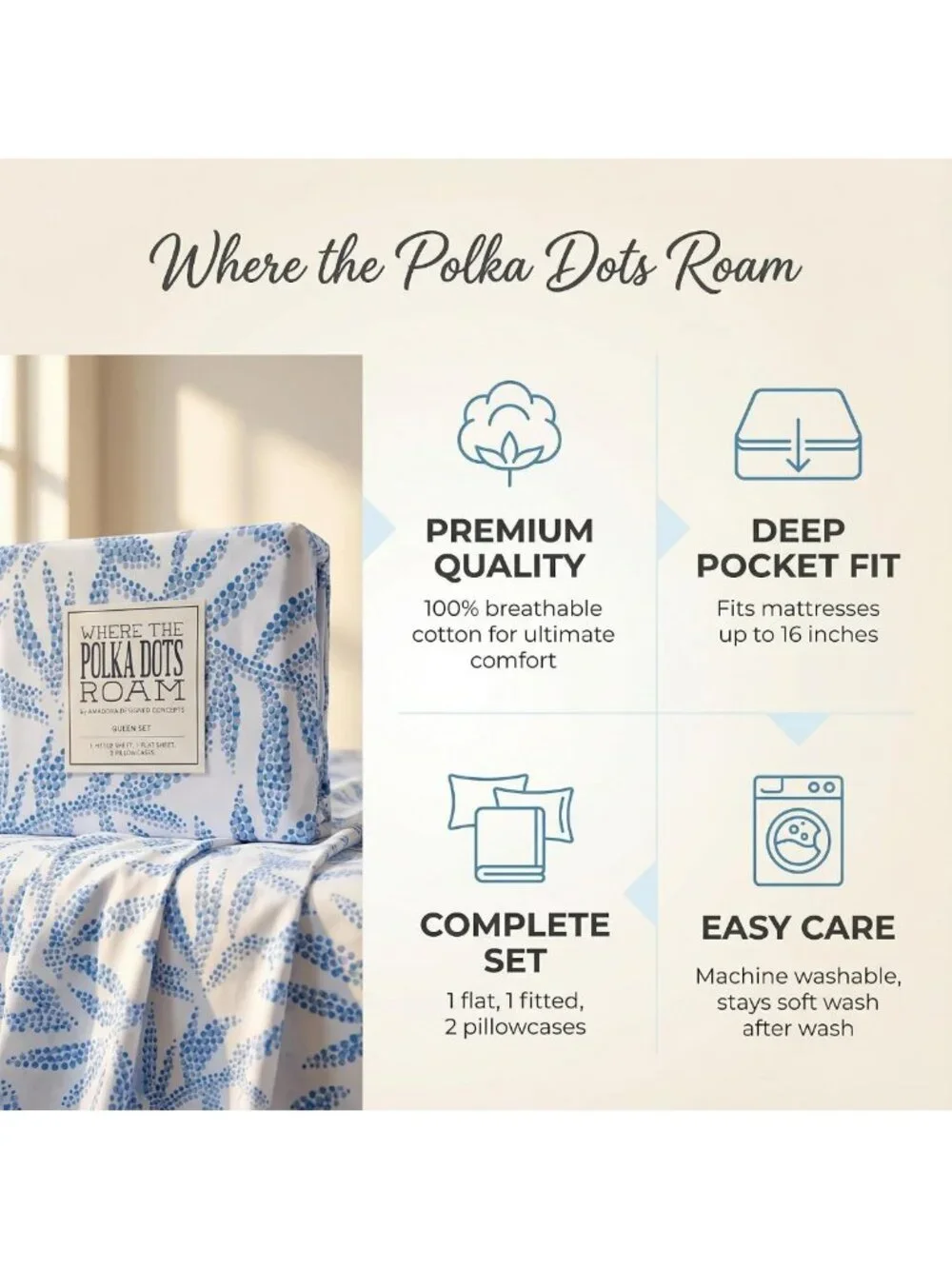 Floral Blue Queen Sheet Set - Super Soft 4-Piece Bedding, Deep Pocket Fitted